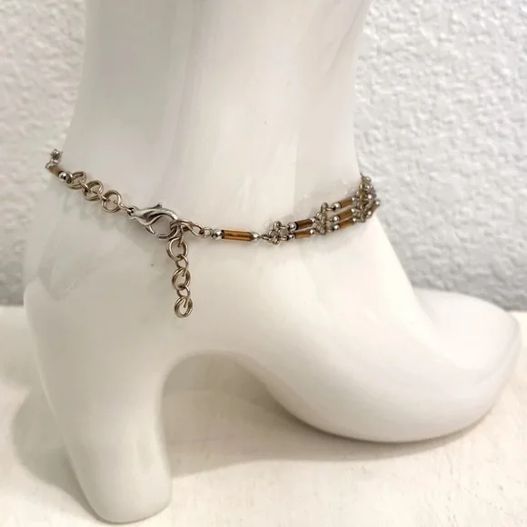 Silver and Brown Beaded Multi-strand Anklet - Picture 3 of 5